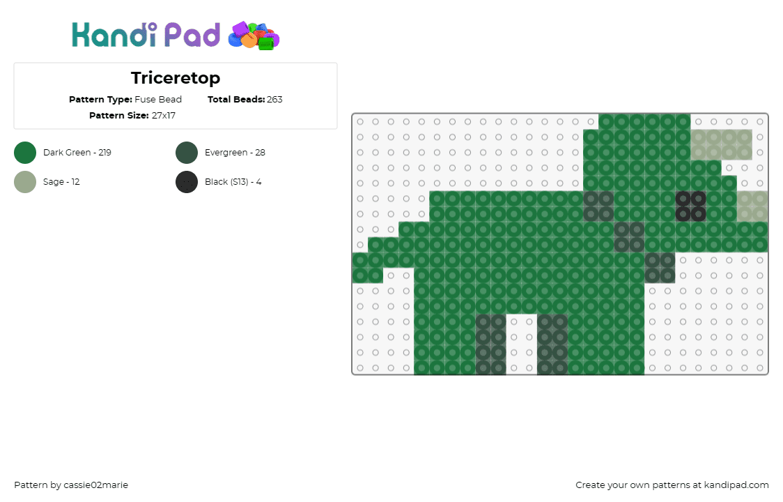 Triceretop - Fuse Bead Pattern by cassie02marie on Kandi Pad - triceratops,dinosaur,prehistoric,animal,simple,cute,green
