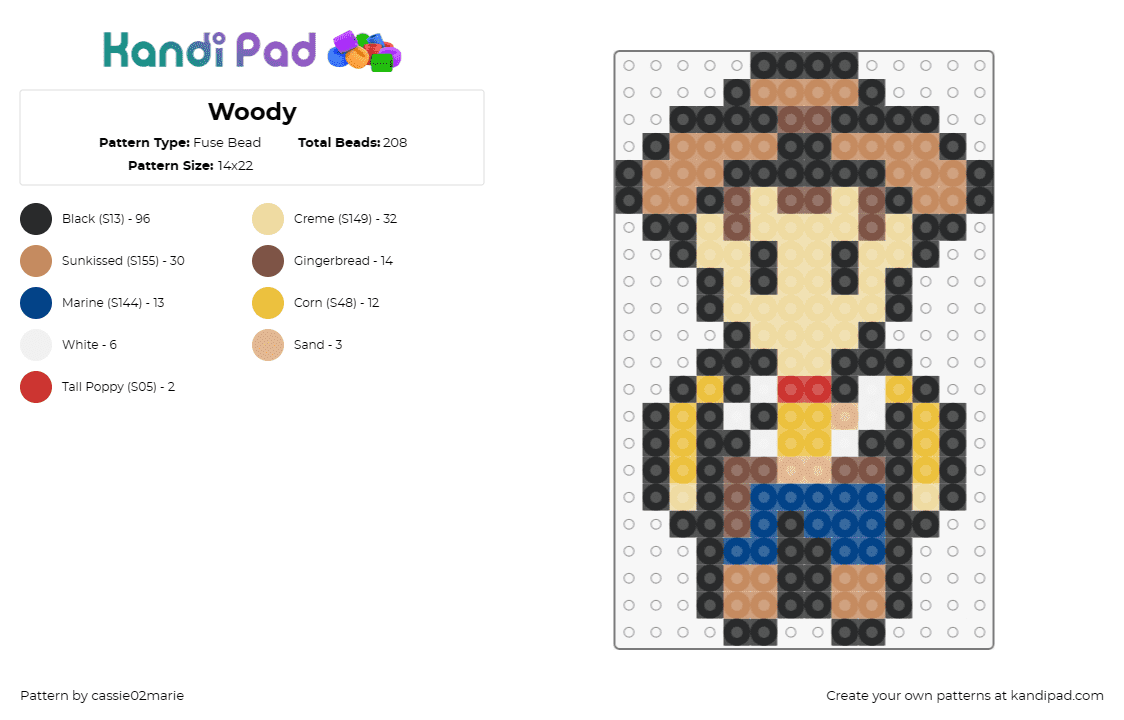 Woody - Fuse Bead Pattern by cassie02marie on Kandi Pad - woody,toy story,disney,pixar,character,cowboy,movie,chibi,brown,tan