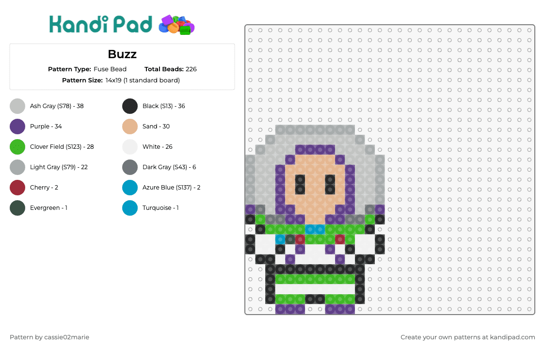 Buzz - Fuse Bead Pattern by cassie02marie on Kandi Pad - buzz lightyear,toy story,disney,pixar,character,astronaut,space,movie,chibi,green,white,gray