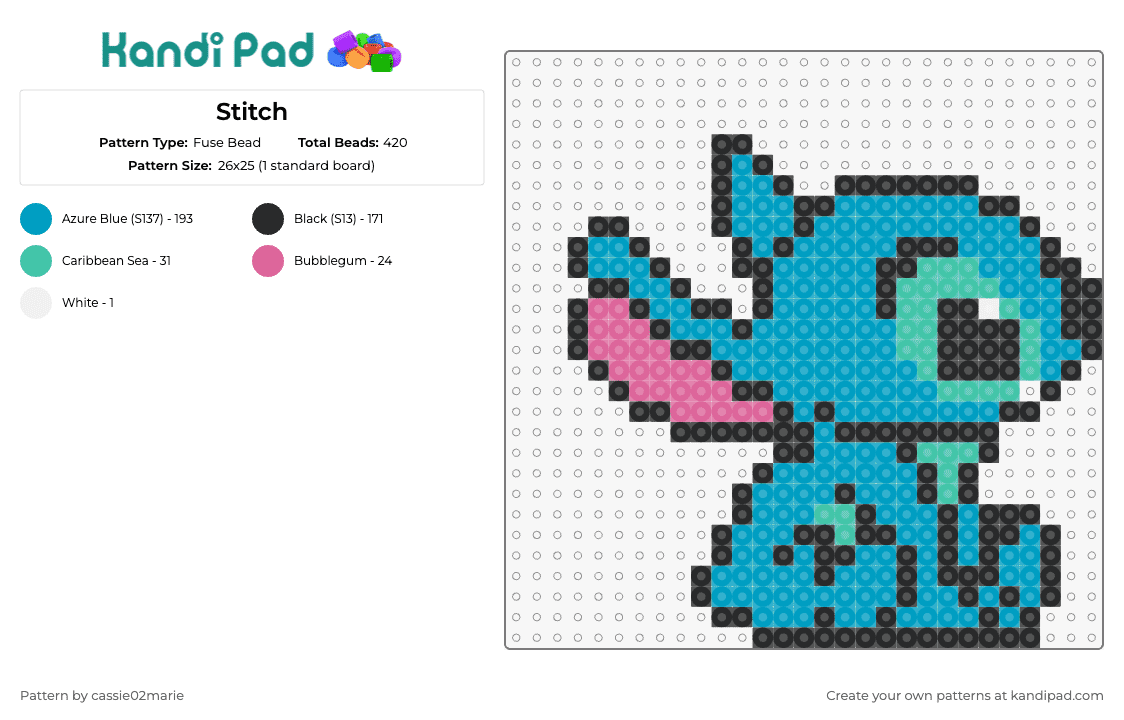 Stitch - Fuse Bead Pattern by cassie02marie on Kandi Pad - stitch,disney,character,lilo and stitch,cute,movie,animation,alien,blue,teal