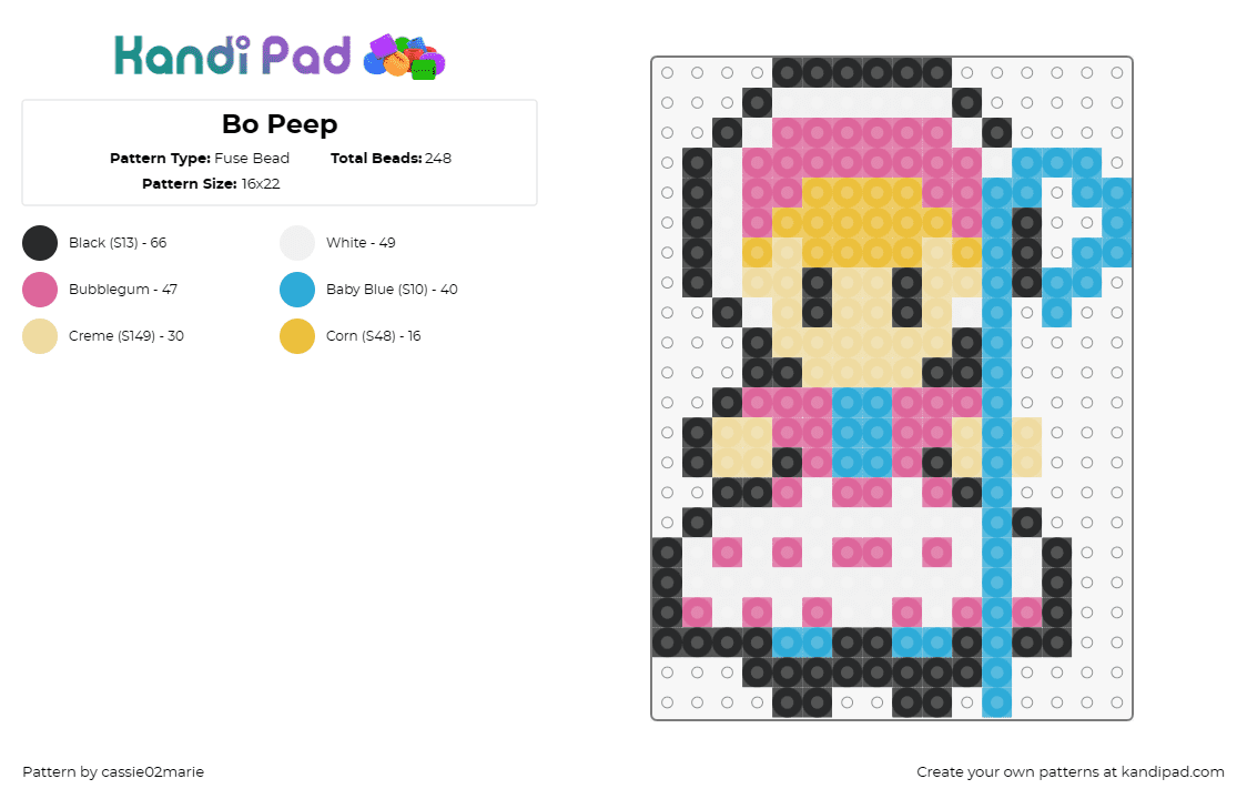 Bo Peep - Fuse Bead Pattern by cassie02marie on Kandi Pad - bo peep,toy story,disney,pixar,character,sheep,movie,chibi,pink,white,light blue