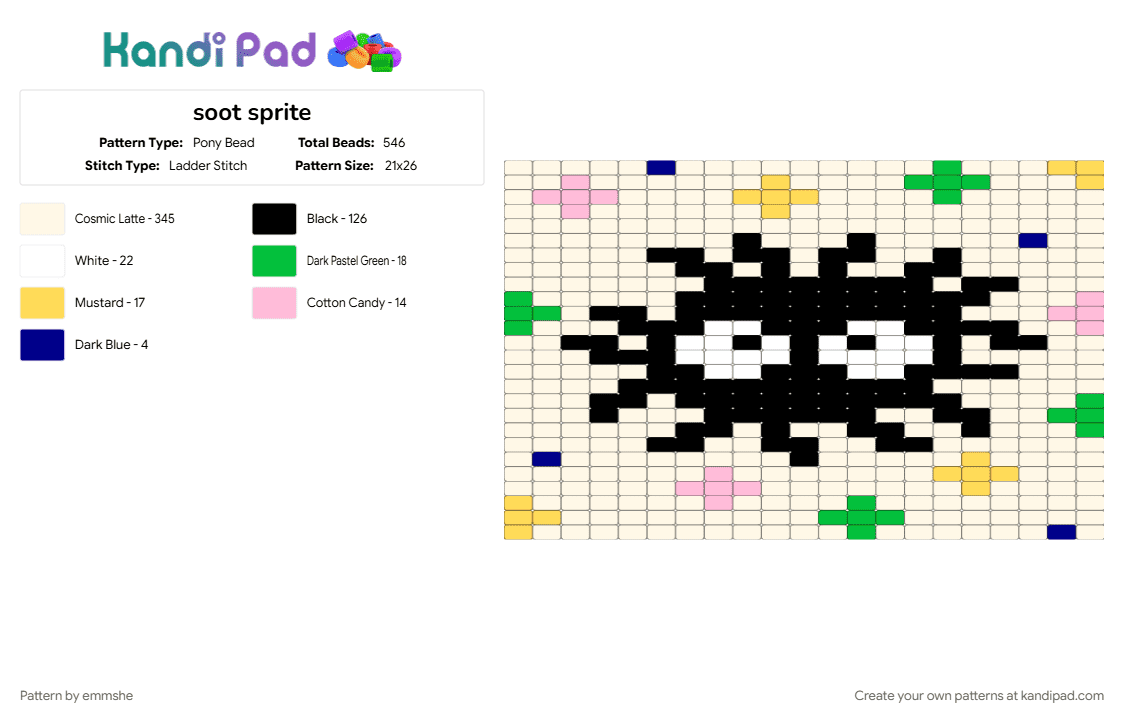soot sprite - Pony Bead Pattern by emmshe on Kandi Pad - green, pink, white, yellow