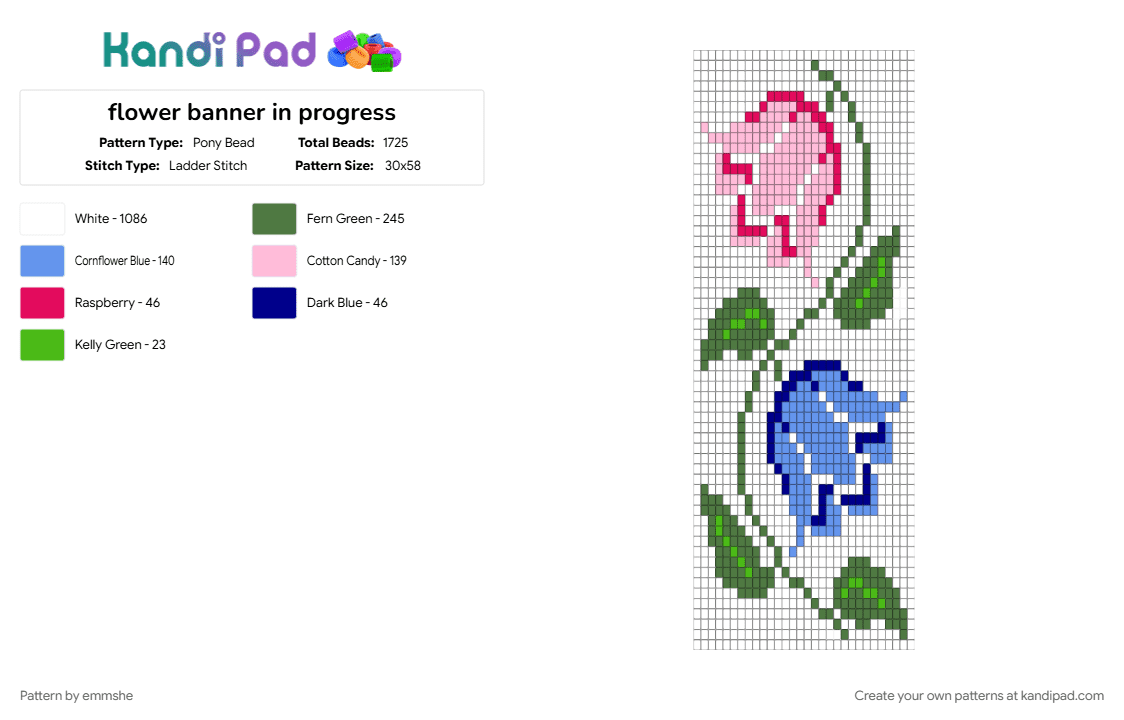 flower banner in progress - Pony Bead Pattern by emmshe on Kandi Pad - green, light blue, pink, white
