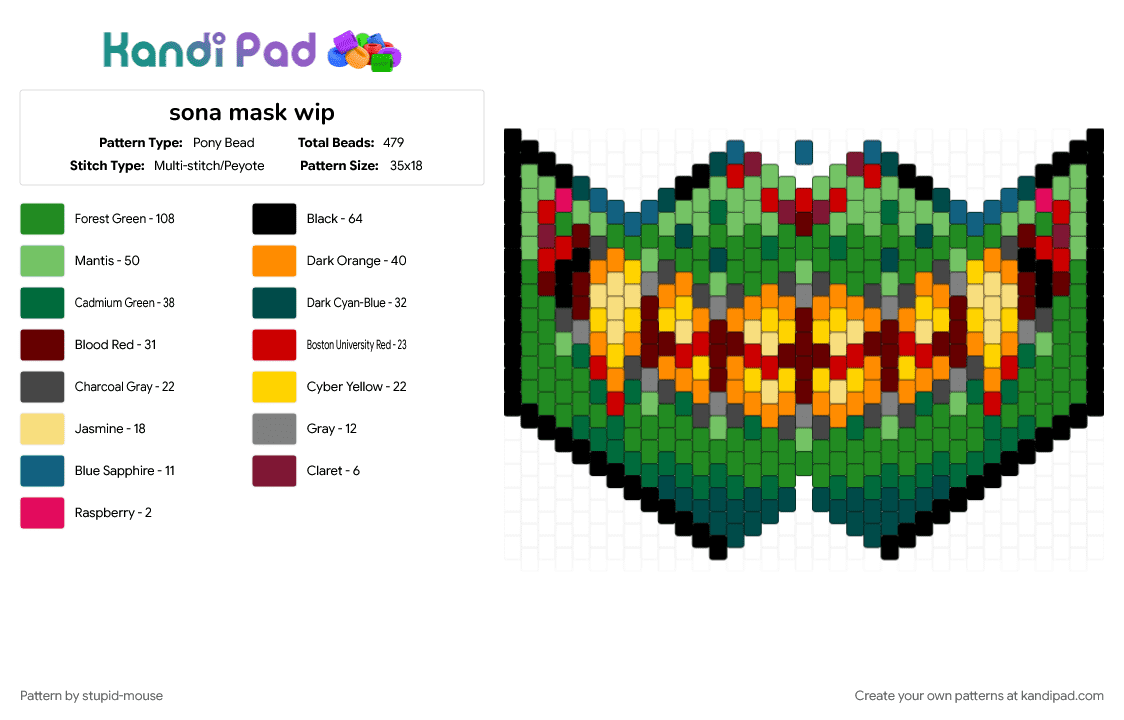 sona mask - Pony Bead Pattern by stupid-mouse on Kandi Pad - brown, furry, green, mask