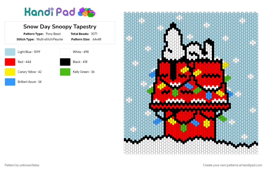 Snow Day Snoopy Tapestry - Pony Bead Pattern by unknownfates on Kandi Pad - christmas, holiday, light blue, peanuts, snoopy, snoopy peanuts, snow, snowflake, winter