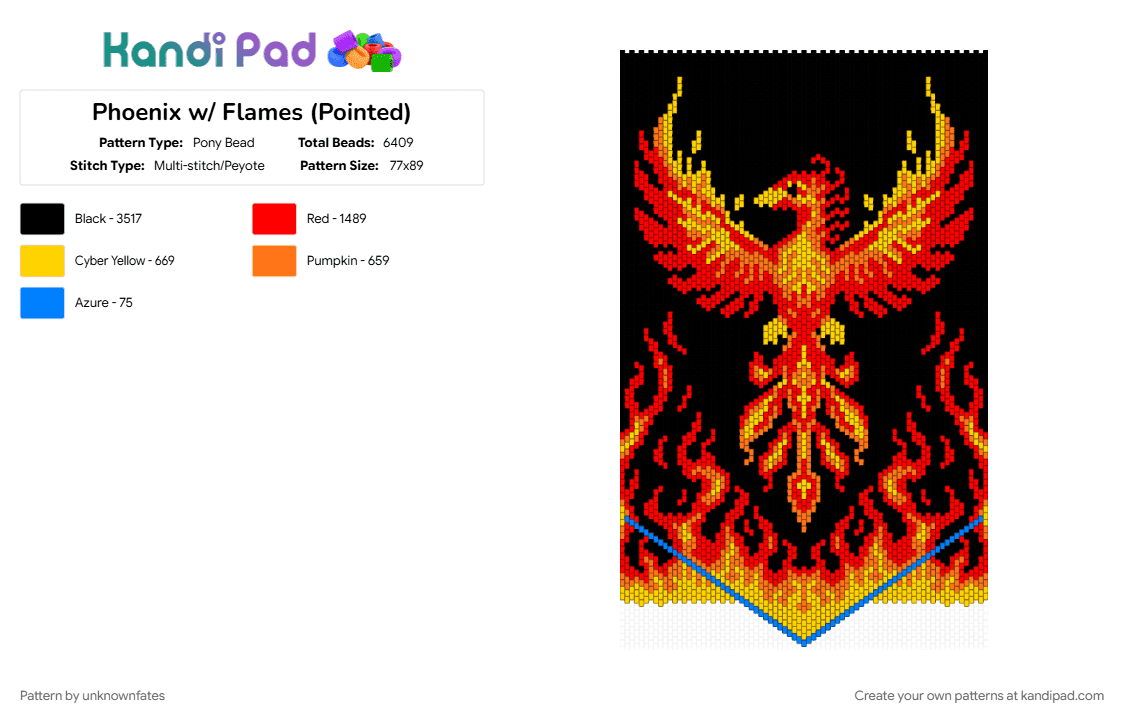 Phoenix w/ Flames (Pointed) - Pony Bead Pattern by unknownfates on Kandi Pad - bird, black, fire, flames, phoenix, red