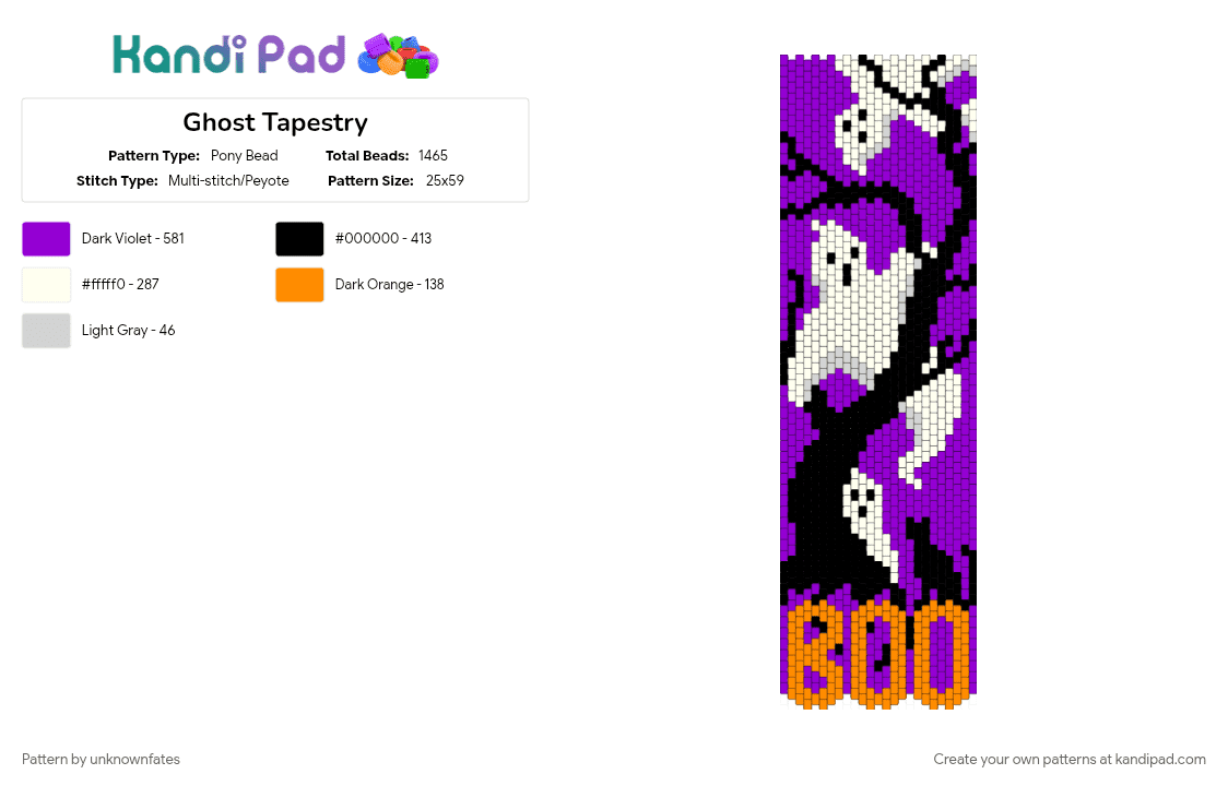 Ghost Tapestry - Pony Bead Pattern by unknownfates on Kandi Pad - cat, ghost, halloween, holiday, pumpkin, purple, spooky