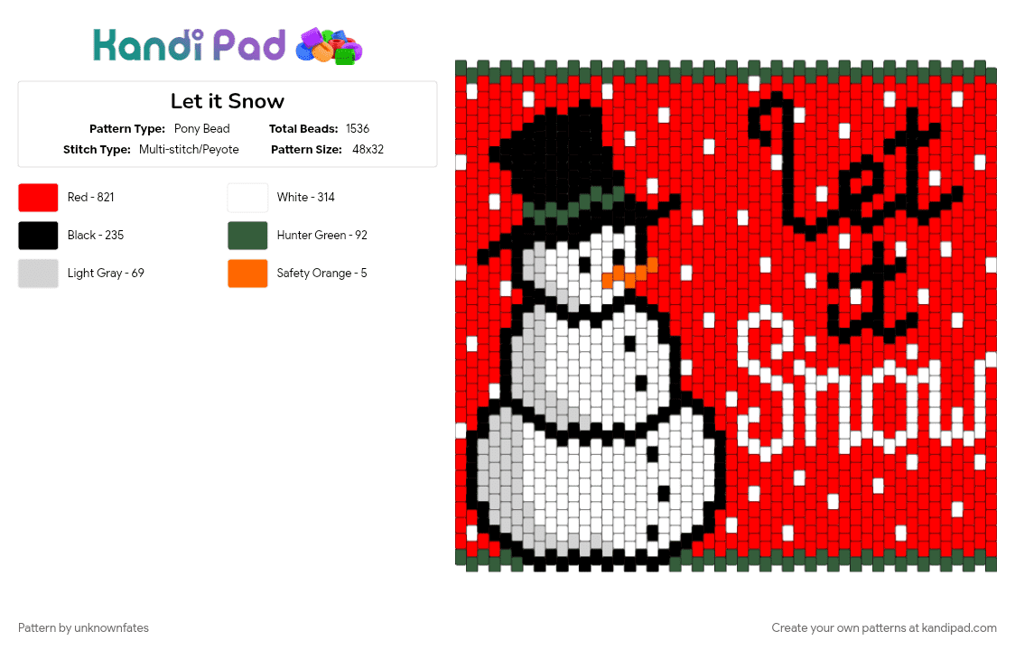 Let it Snow - Pony Bead Pattern by unknownfates on Kandi Pad - christmas, holiday, red, snow, snowman, winter