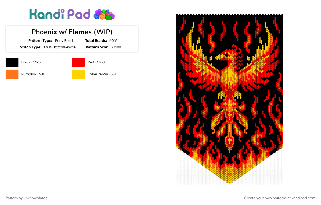 Phoenix w/ Flames (WIP) - Pony Bead Pattern by unknownfates on Kandi Pad - bird, fire, flames, phoenix, red