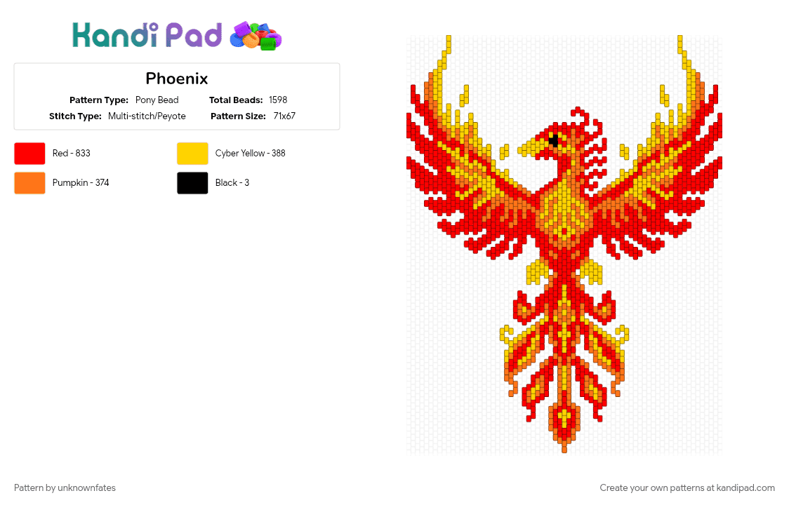 Phoenix - Pony Bead Pattern by unknownfates on Kandi Pad - bird, fire, flames, phoenix, red