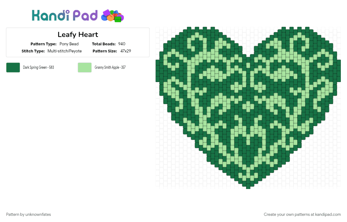 Leafy Heart - Pony Bead Pattern by unknownfates on Kandi Pad - green, heart, holiday, love, teal, valentine