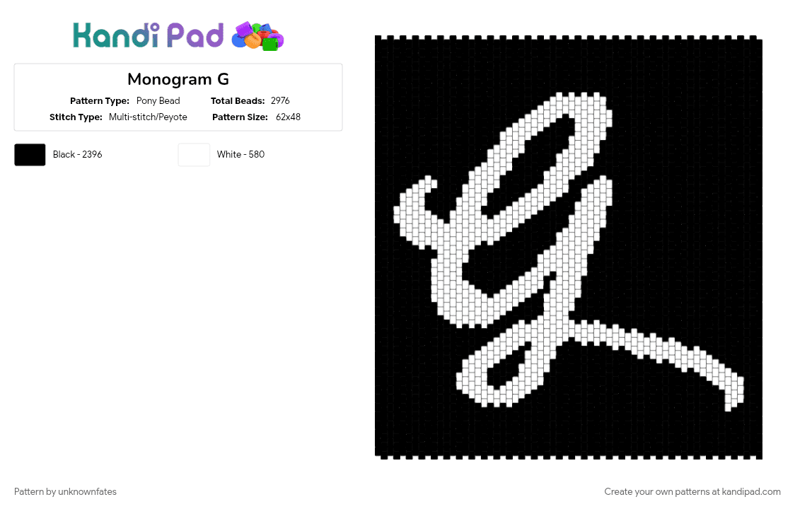 Monogram G - Pony Bead Pattern by unknownfates on Kandi Pad - black, black and white, letter, letter g, logo