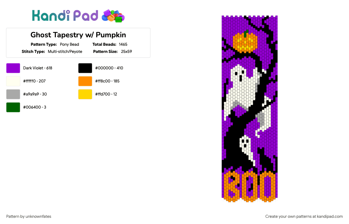 Ghost Tapestry w/ Pumpkin - Pony Bead Pattern by unknownfates on Kandi Pad - cat, ghost, halloween, holiday, orange, pumpkin, purple, spooky