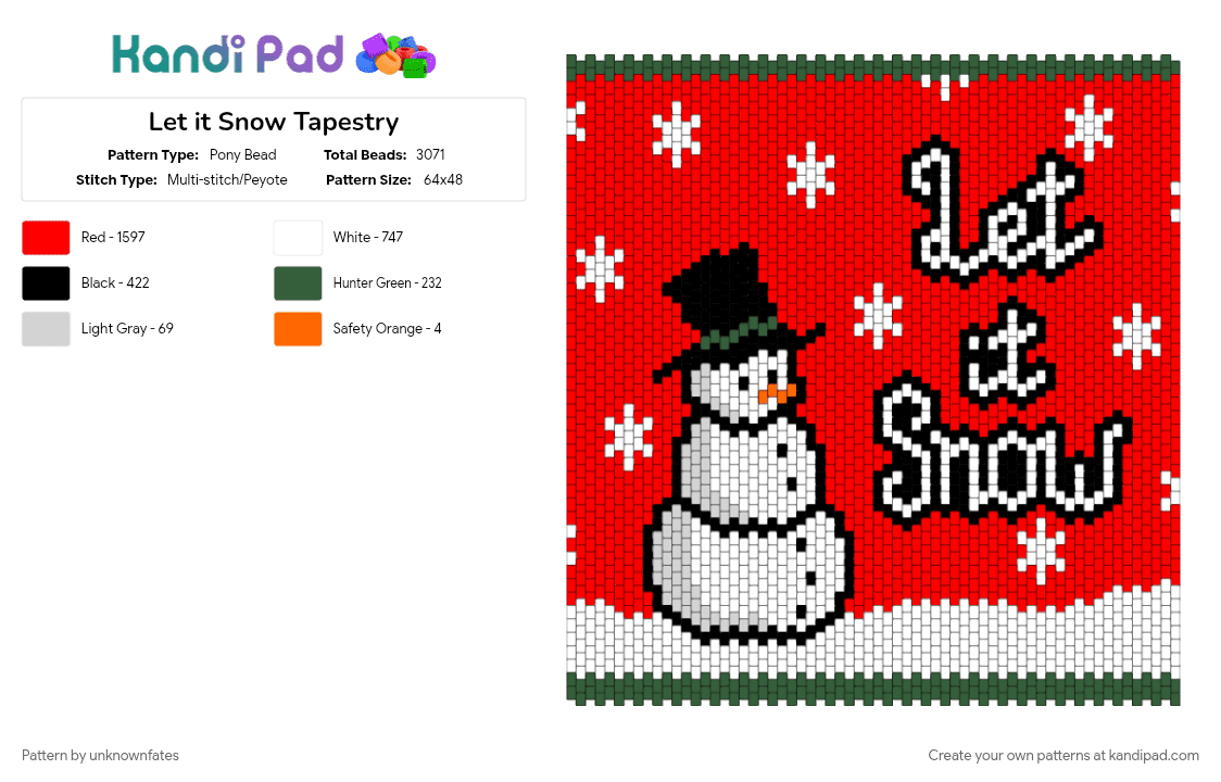 Let it Snow Tapestry - Pony Bead Pattern by unknownfates on Kandi Pad - christmas, holiday, red, snow, snowflake, snowman