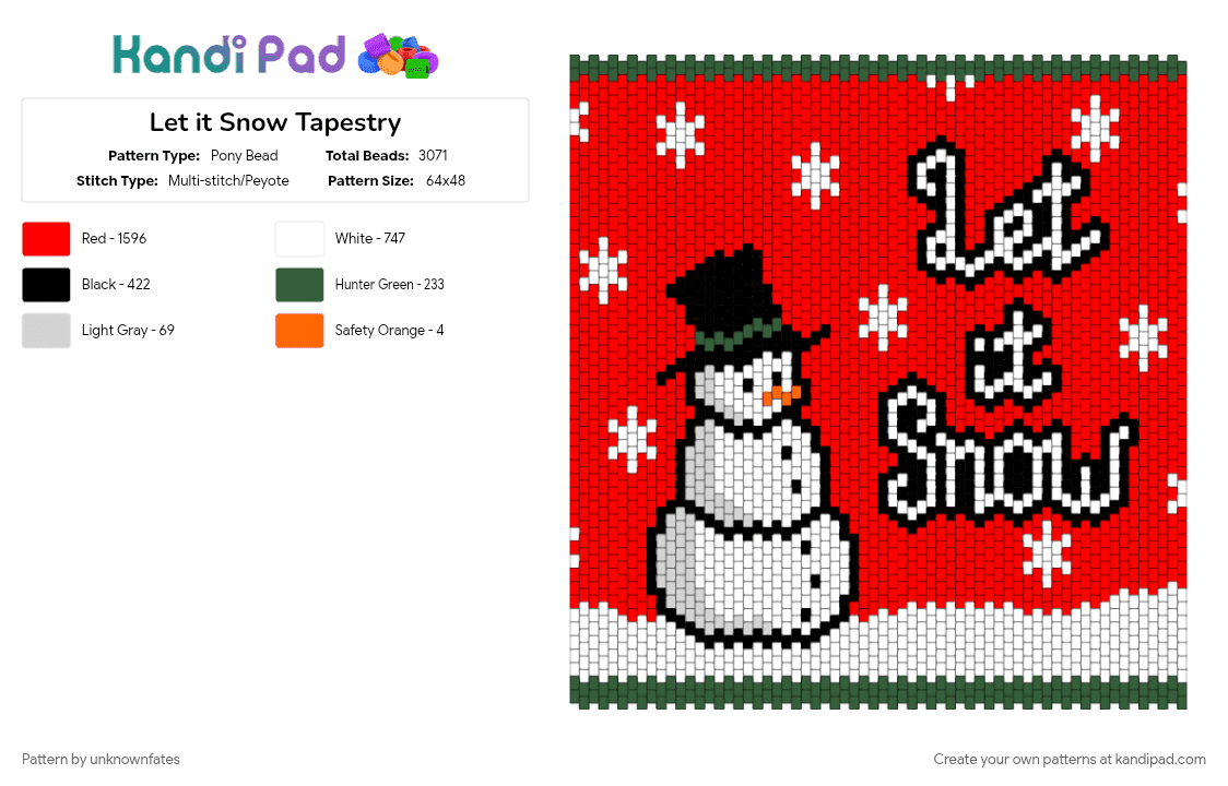 Let it Snow Tapestry - Pony Bead Pattern by unknownfates on Kandi Pad - christmas, holiday, red, snow, snowflake, snowman