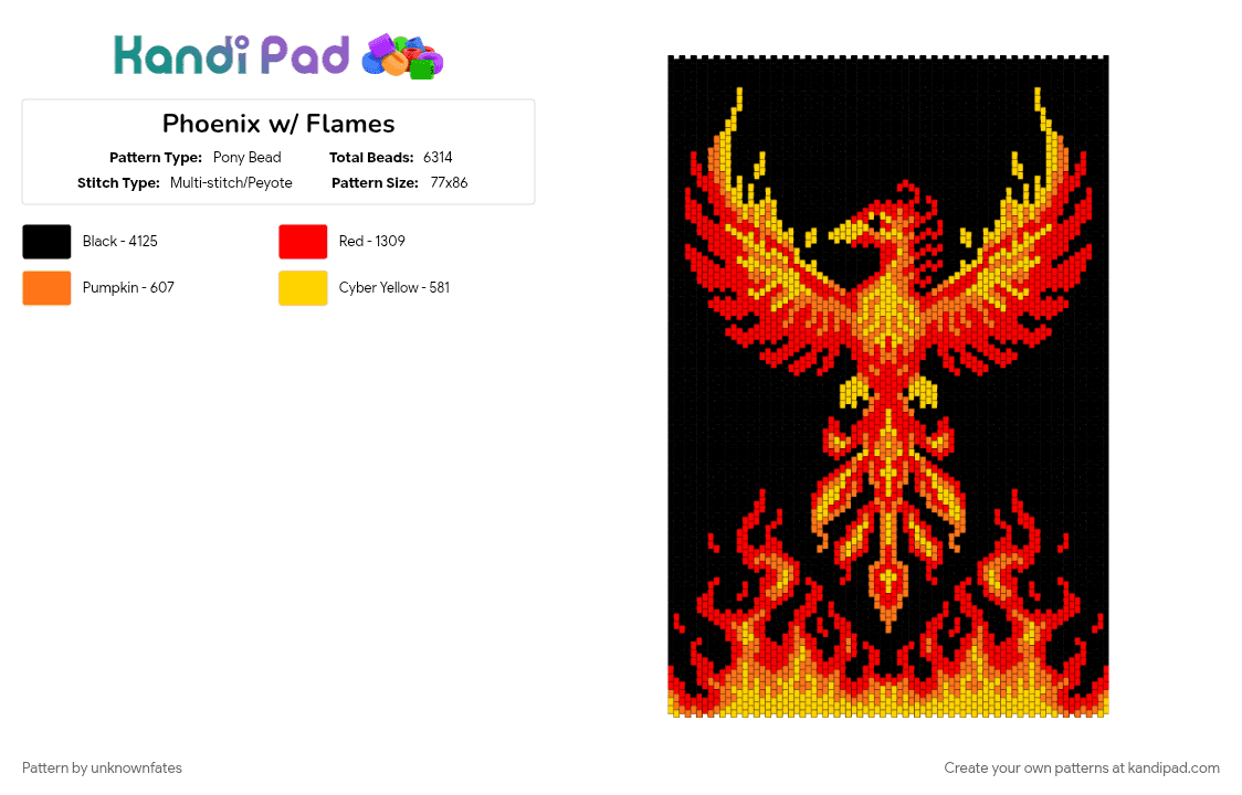 Phoenix w/ Flames - Pony Bead Pattern by unknownfates on Kandi Pad - black, red