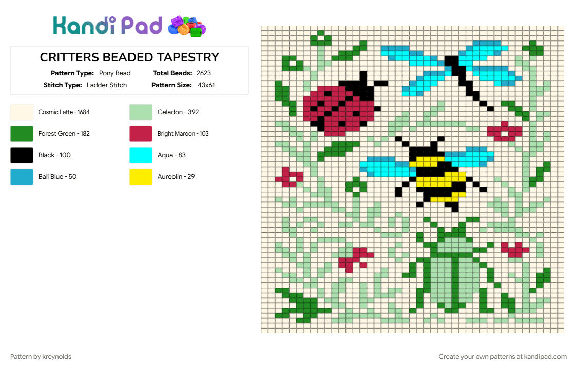 CRITTERS BEADED TAPESTRY - Pony Bead Pattern by kreynolds on Kandi Pad - green, teal, white