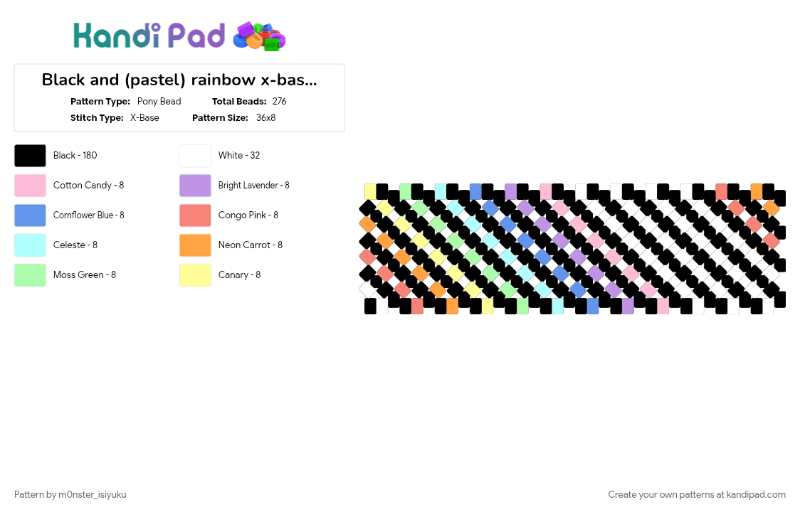 Black and (pastel) rainbow x-base cuff - Pony Bead Pattern by m0nster_isiyuku on Kandi Pad - black, black and rainbow, light blue, orange, pastel, pink, x base cuff