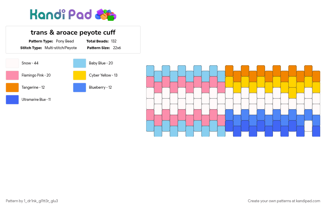 trans & aroace peyote cuff - Pony Bead Pattern by 1_dr1nk_gl1tt3r_glu3 on Kandi Pad - blue, light blue, pink