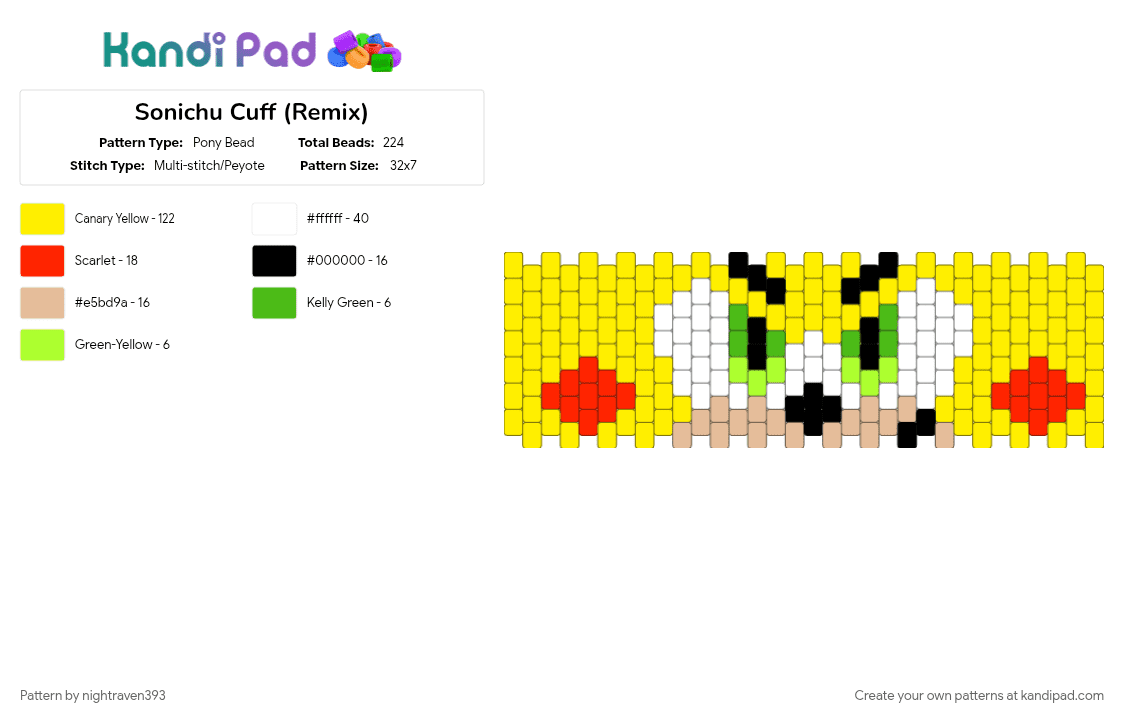 Sonichu Cuff (Remix) - Pony Bead Pattern by nightraven393 on Kandi Pad - sega, sonic the hedgehog, sonichu, video game, yellow