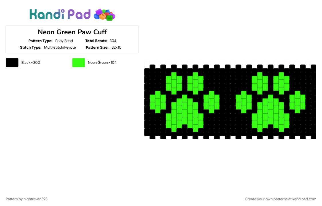 Neon Green Paw Cuff (Remix) - Pony Bead Pattern by nightraven393 on Kandi Pad - black, green, paw print