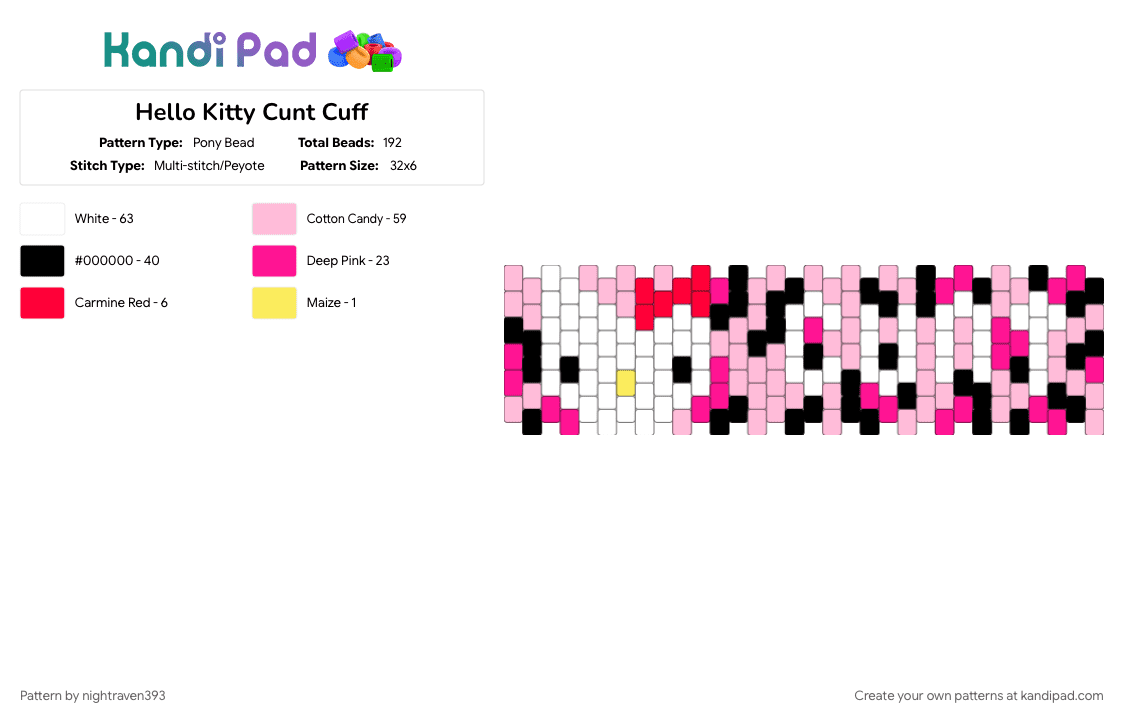 Hello Kitty Cunt Cuff - Pony Bead Pattern by nightraven393 on Kandi Pad - pink