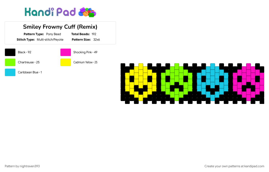 Smiley Frowny Cuff (Remix) - Pony Bead Pattern by nightraven393 on Kandi Pad - green, light blue, pink, smiley, yellow