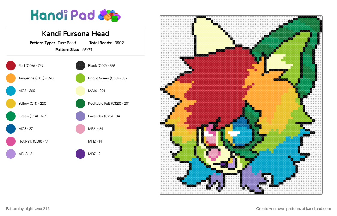 Kandi Fursona Head - Fuse Bead Pattern by nightraven393 on Kandi Pad - colorful, furry, fursona, green, light blue, red