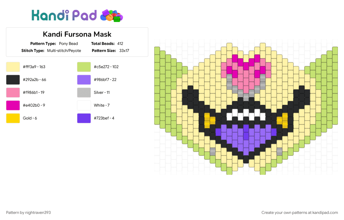 Kandi Fursona Mask - Pony Bead Pattern by nightraven393 on Kandi Pad - furry, fursona, green, mask, yellow