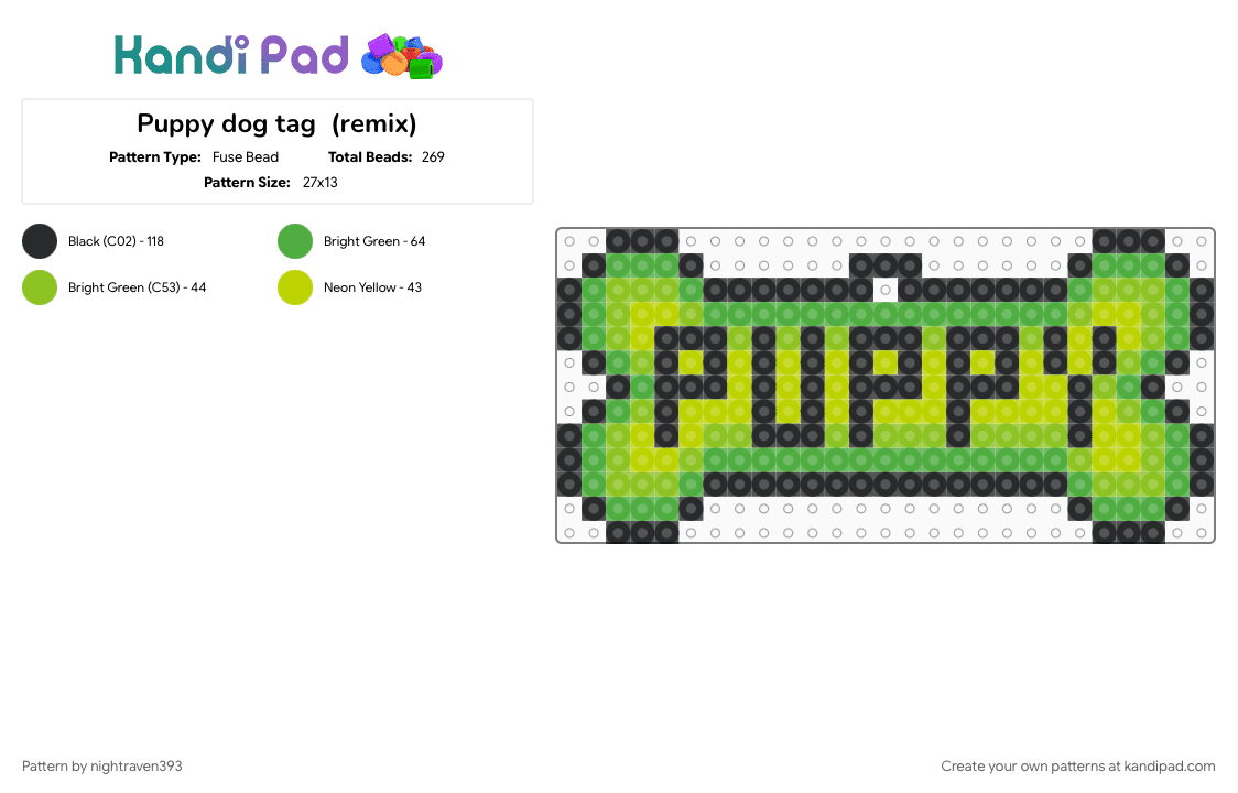 Puppy dog tag  (remix) - Fuse Bead Pattern by nightraven393 on Kandi Pad - black, green