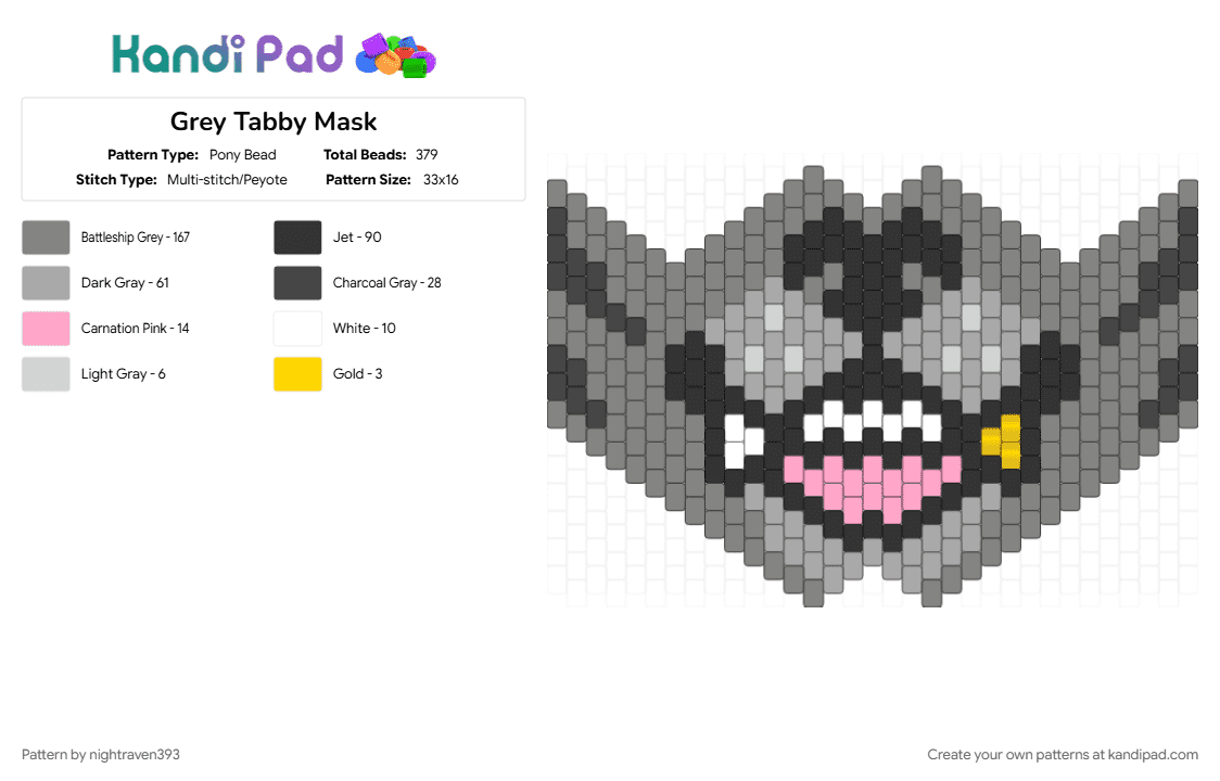 Grey Tabby Mask - Pony Bead Pattern by nightraven393 on Kandi Pad - 