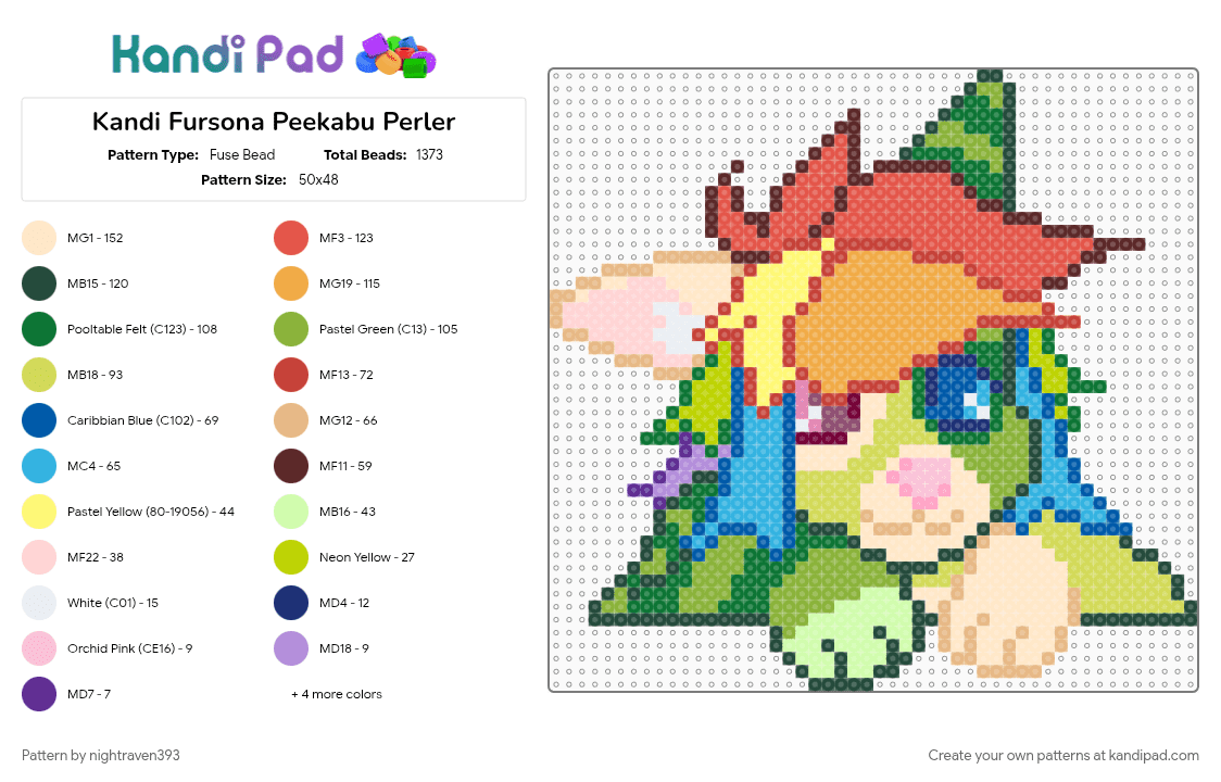 Kandi Fursona Peekabu Perler - Fuse Bead Pattern by nightraven393 on Kandi Pad - beige, colorful, furry, fursona, green, red