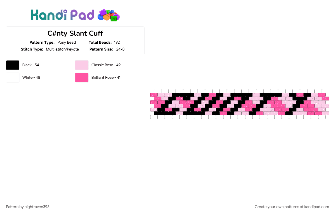 C#nty Slant Cuff - Pony Bead Pattern by nightraven393 on Kandi Pad - curse word, pink, striped, white