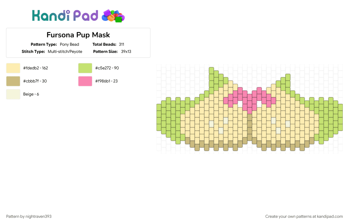 Fursona Pup Mask - Pony Bead Pattern by nightraven393 on Kandi Pad - green, mask, pup, yellow