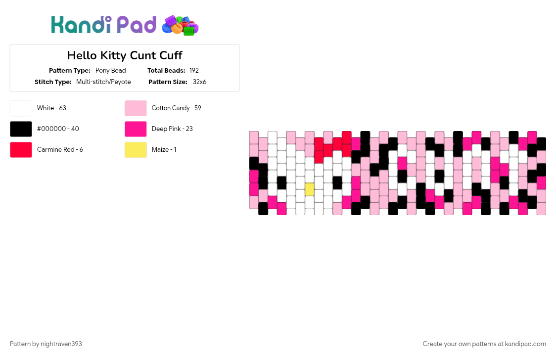 Hello Kitty Cunt Cuff - Pony Bead Pattern by nightraven393 on Kandi Pad - 
