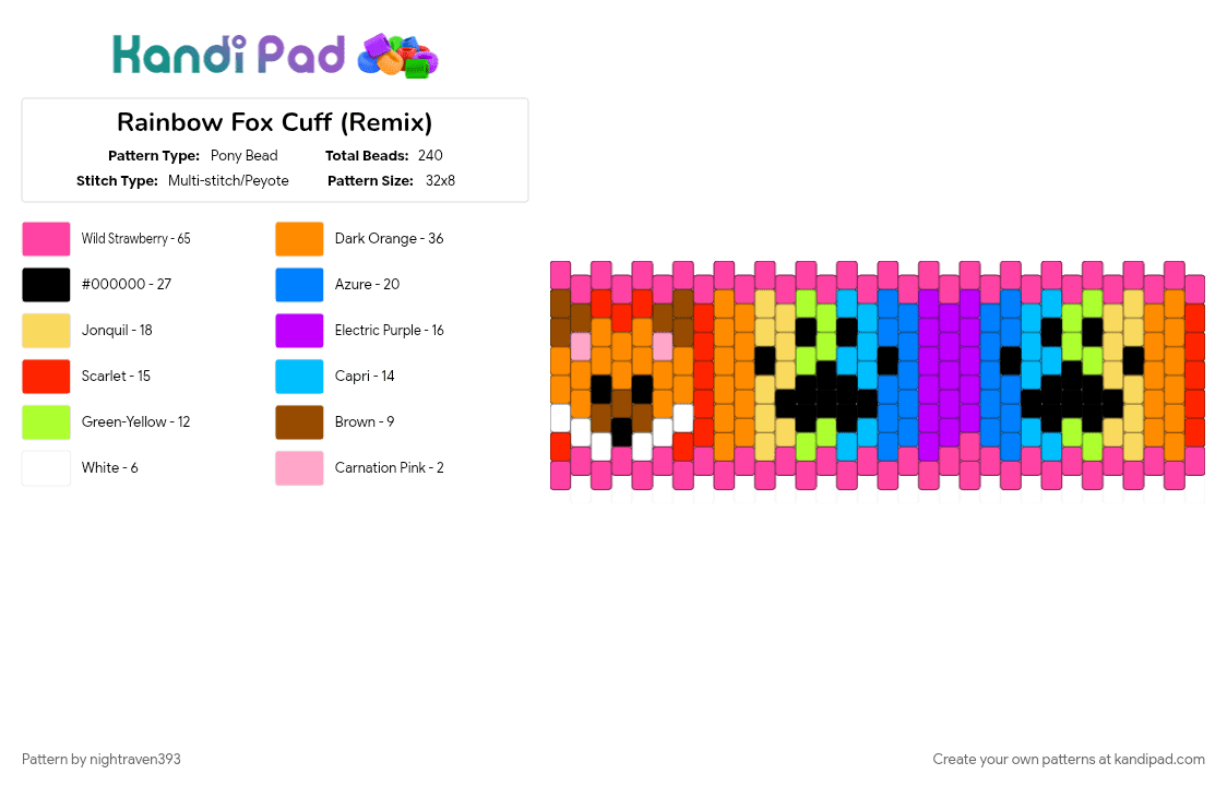 Rainbow Fox Cuff (Remix) - Pony Bead Pattern by nightraven393 on Kandi Pad - fox, orange, paw print, pink, rainbow, red, stripes