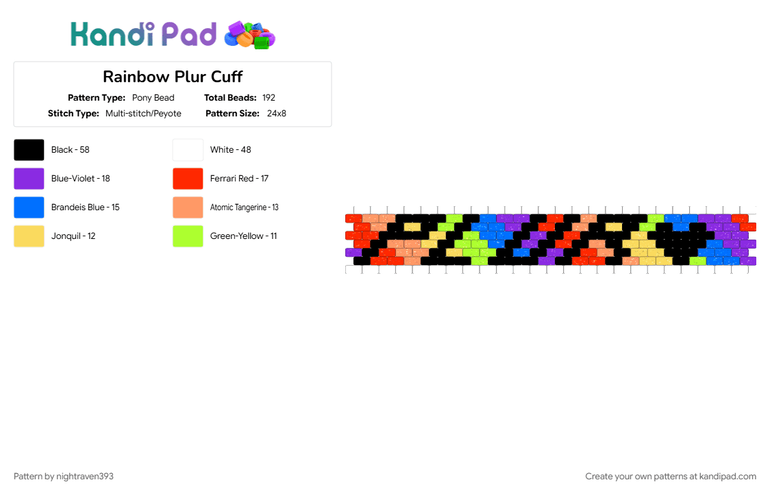 Rainbow Plur Cuff - Pony Bead Pattern by nightraven393 on Kandi Pad - blue, purple, red