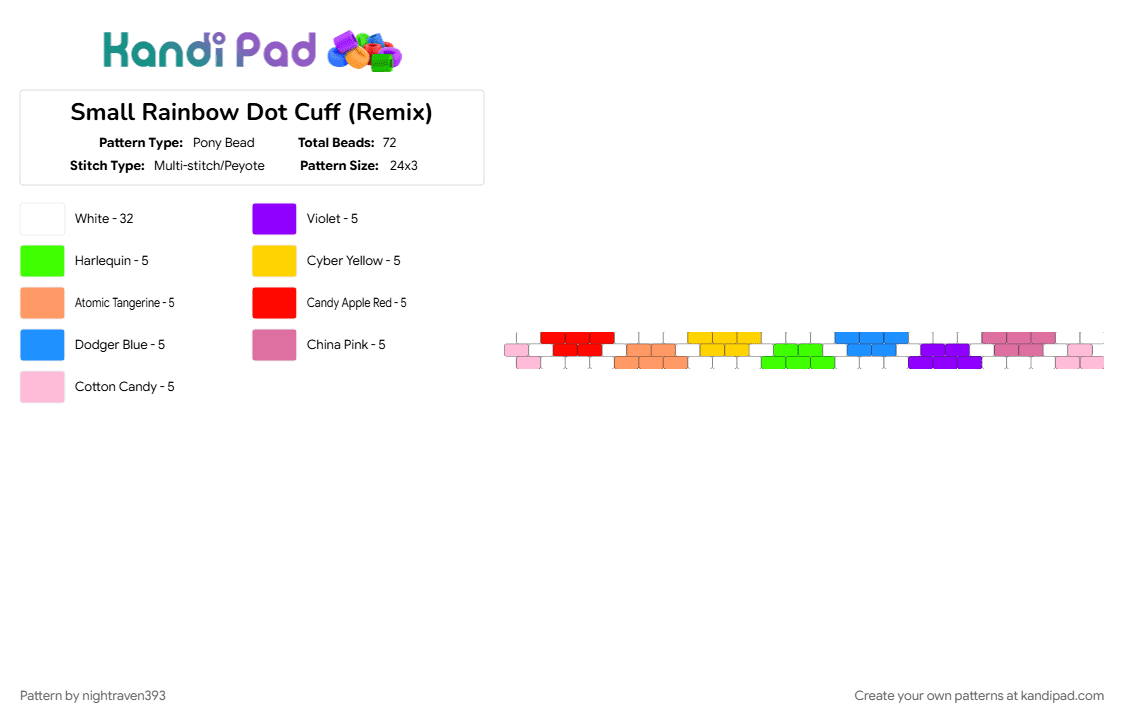 Small Rainbow Dot Cuff (Remix) - Pony Bead Pattern by nightraven393 on Kandi Pad - dot, pink, rainbow, squiggle, white