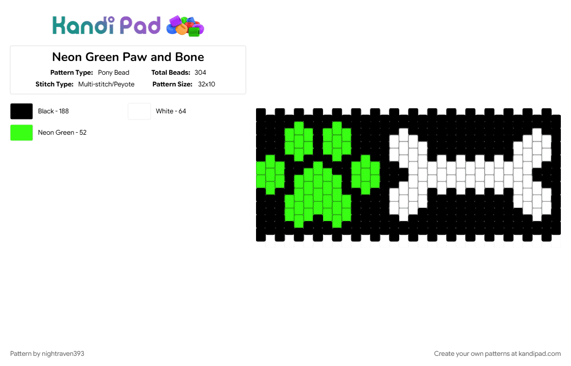 Neon Green Paw and Bone (Remix) - Pony Bead Pattern by nightraven393 on Kandi Pad - green, paw print, white