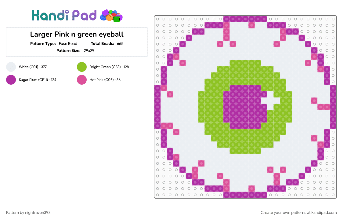 Pink n green candy eyeball - Fuse Bead Pattern by nightraven393 on Kandi Pad - eye, eyeball, green, halloween, kawaii, pastel, pink, spooky
