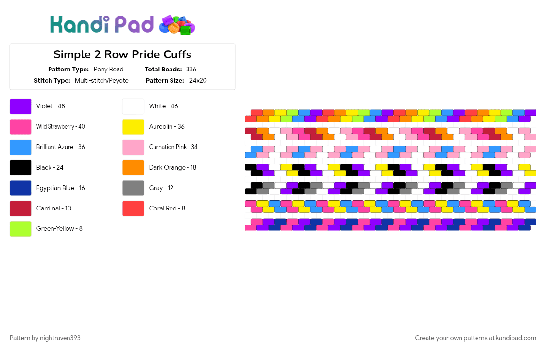Simple 2 Row Pride Cuffs - Pony Bead Pattern by nightraven393 on Kandi Pad - asexual, bisexual, gay, lesbian, light blue, nonbinary, pansexual, pink, pride, purple, trans, yellow