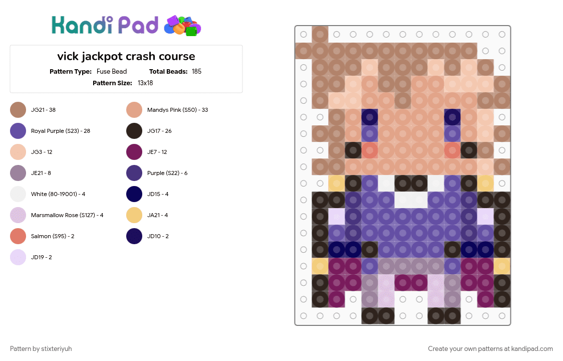 vick jackpot crash course - Fuse Bead Pattern by stixteriyuh on Kandi Pad - beige, brown, chibi, jackpot crash course, jcc, purple, studio investigrave, tan