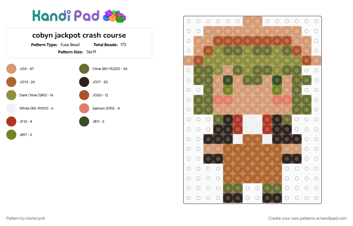 cobyn jackpot crash course - Fuse Bead Pattern by stixteriyuh on Kandi Pad - beige, chibi, gold, jackpot crash course, jcc, studio investigrave, tan