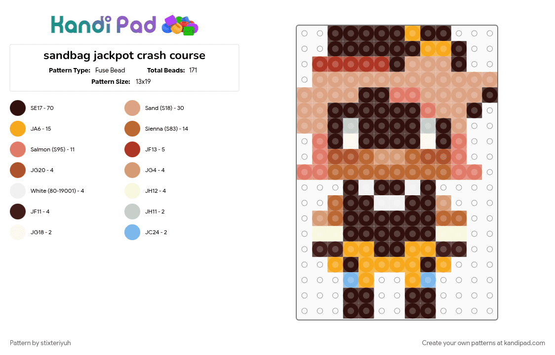 sandbag jackpot crash course - Fuse Bead Pattern by stixteriyuh on Kandi Pad - beige, brown, chibi, jackpot crash course, jcc, orange, studio investigrave