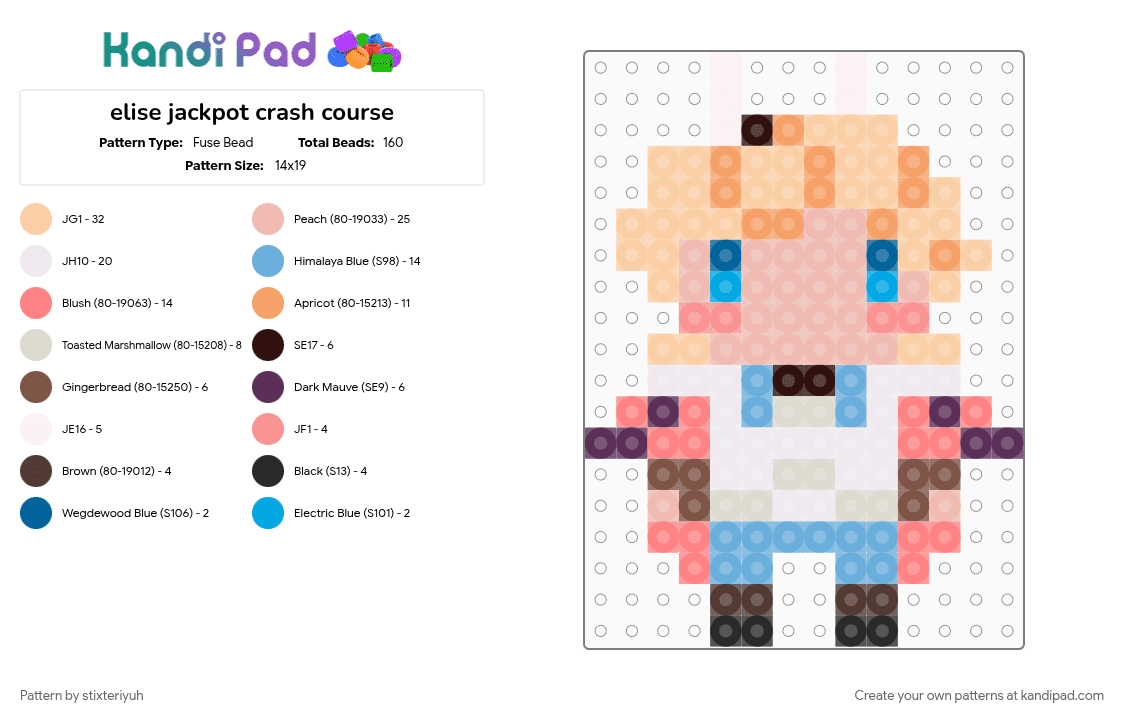 elise jackpot crash course - Fuse Bead Pattern by stixteriyuh on Kandi Pad - beige, chibi, jackpot crash course, jcc, light blue, studio investigrave