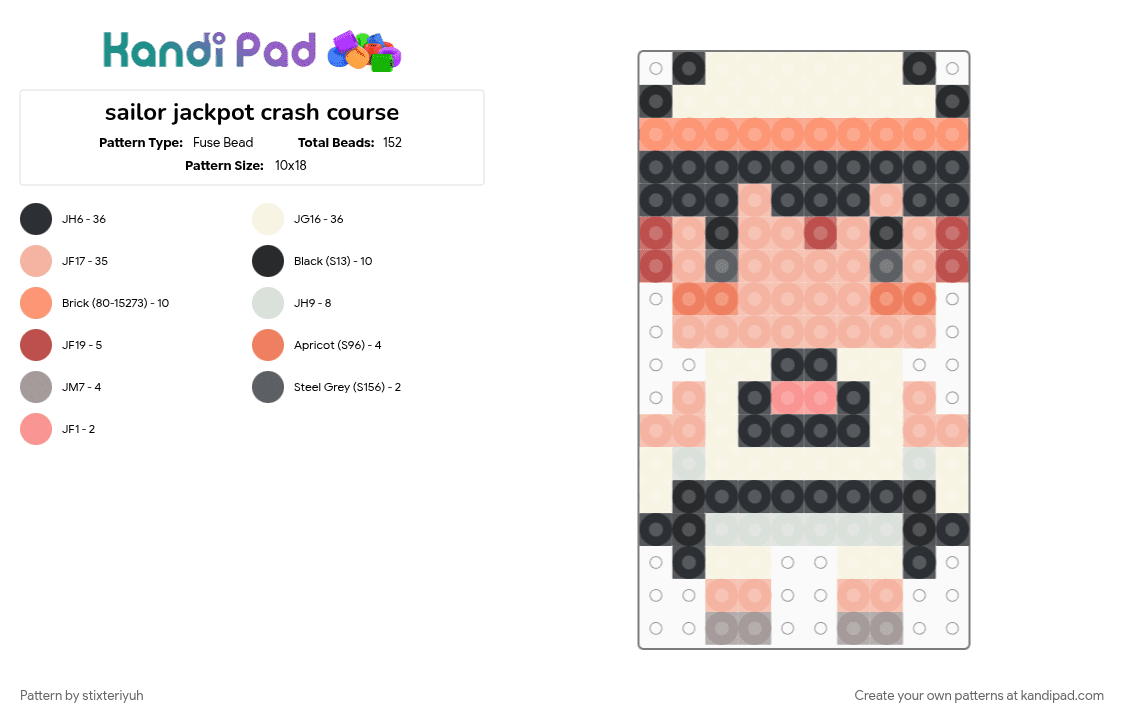 sailor jackpot crash course - Fuse Bead Pattern by stixteriyuh on Kandi Pad - beige, chibi, jackpot crash course, jcc, studio investigrave