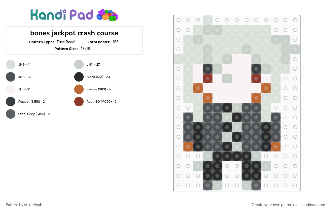 bones jackpot crash course - Fuse Bead Pattern by stixteriyuh on Kandi Pad - chibi, gray, jackpot crash course, jcc, studio investigrave, white