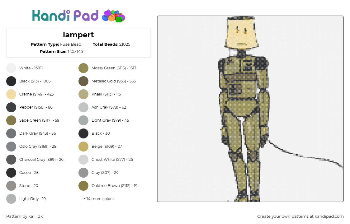 lampert - Fuse Bead Pattern by ka1_idk on Kandi Pad - lampert,regretevator,roblox,character,npc,video game,green,beige