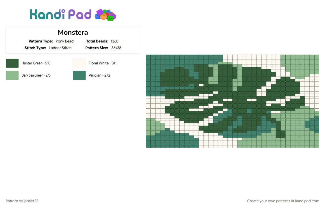 Monstera - Pony Bead Pattern by jamief23 on Kandi Pad - gray, teal