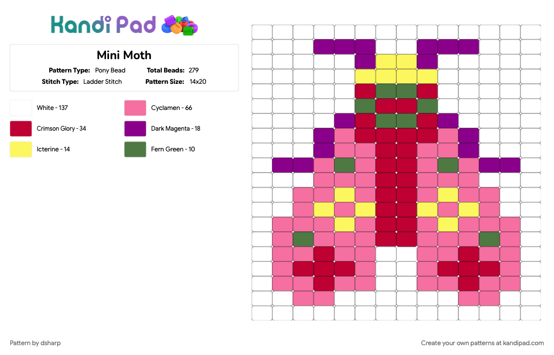 Mini Moth - Pony Bead Pattern by dsharp on Kandi Pad - cotdboutiques, pink, red, white